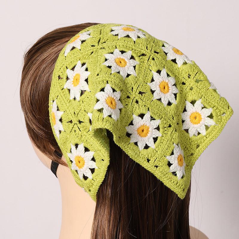 Lime green triangle hair scarf worn in hair with white daisy flowers and ties