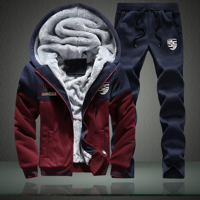 Sports hooded jacket with gray fleece lining and matching jogger pants, wine red and dark navy