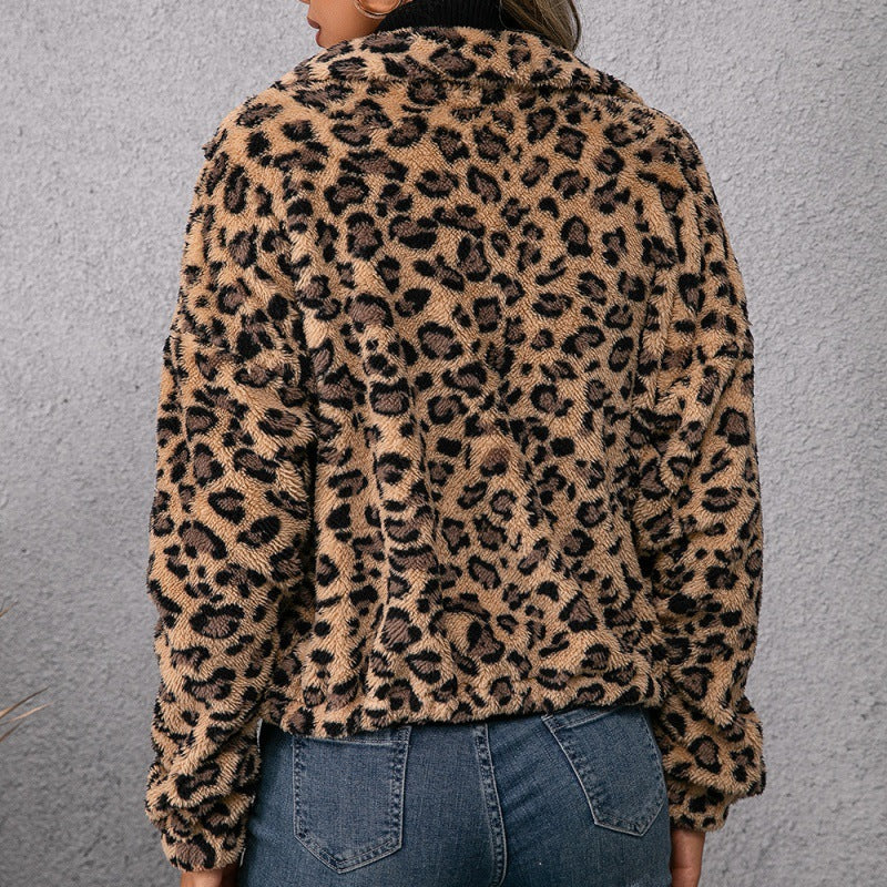 Ladies Leopard Print Lapel Zip Furry Jacket - WOMONA.COM