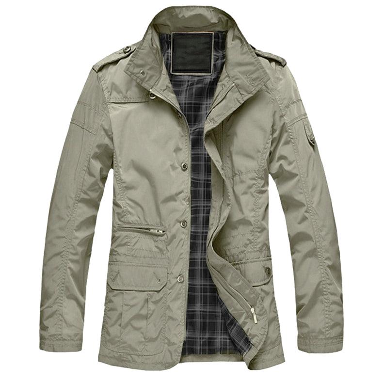 Khaki stand-up collar jacket with button front, flap pockets, and plaid lining