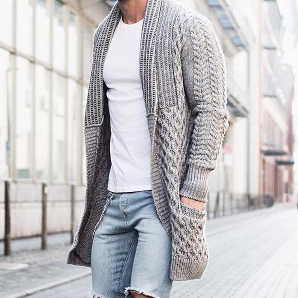 Light grey open-knit cardigan sweater with long sleeves, relaxed fit