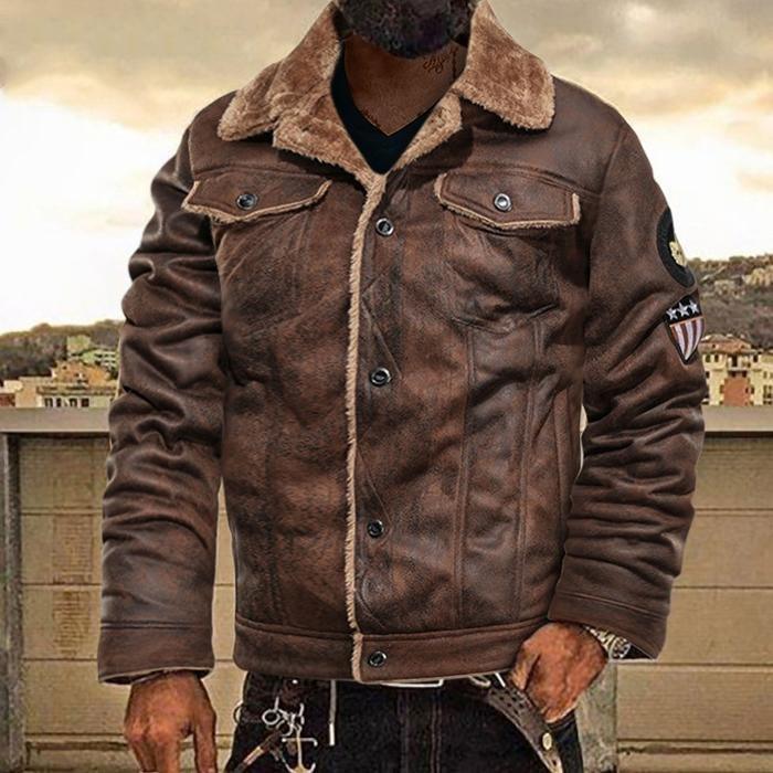 Men's brown shearling-collar jacket with button front and two chest pockets