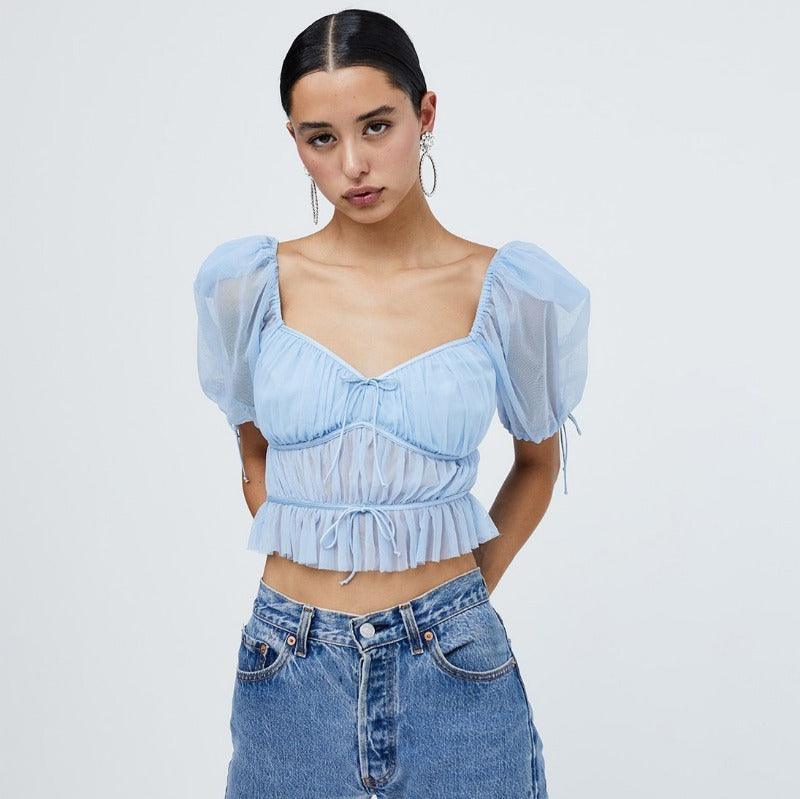 Crinkled Lace-Up Top - WOMONA.COM