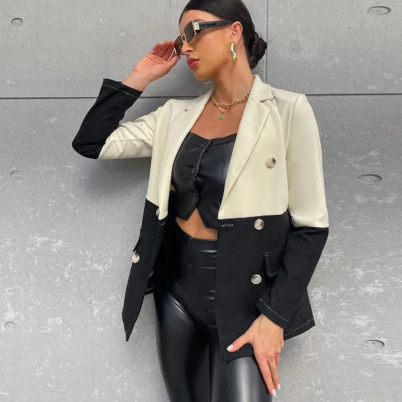 Two-tone long-sleeve blazer, off-white and black, buttoned mid-length jacket
