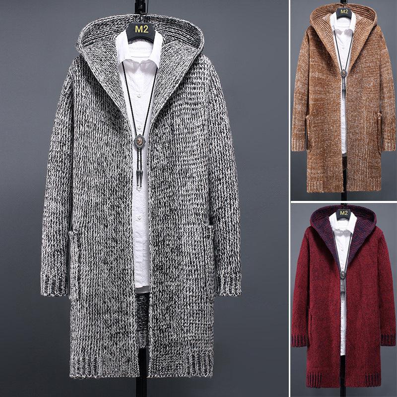 Grey hooded cardigan sweater jacket with full-length zipper and side pockets