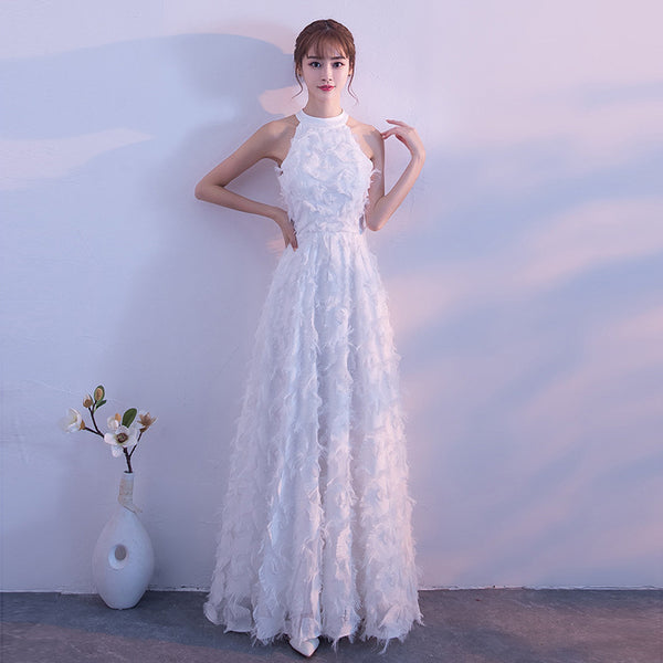 Fringed Feather Halterneck Evening Dress - WOMONA.COM