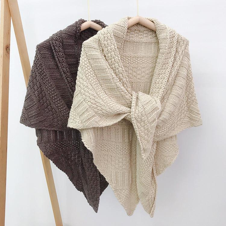 Chunky knit triangular scarf in beige with draped cowl collar