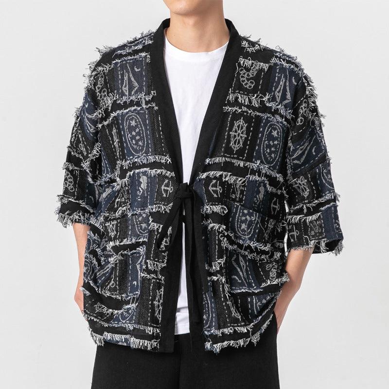 Men's knitted cardigan with open front, fringe edges, retro block pattern in black and navy