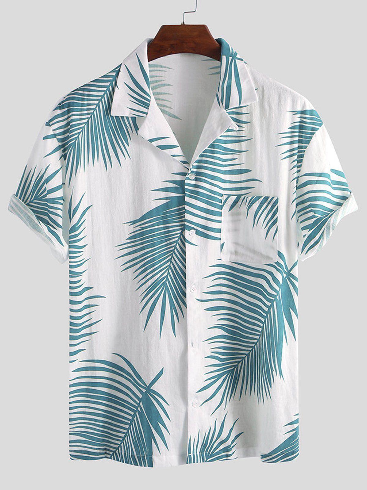 Men's short-sleeve button-up shirt, white with teal palm leaf print