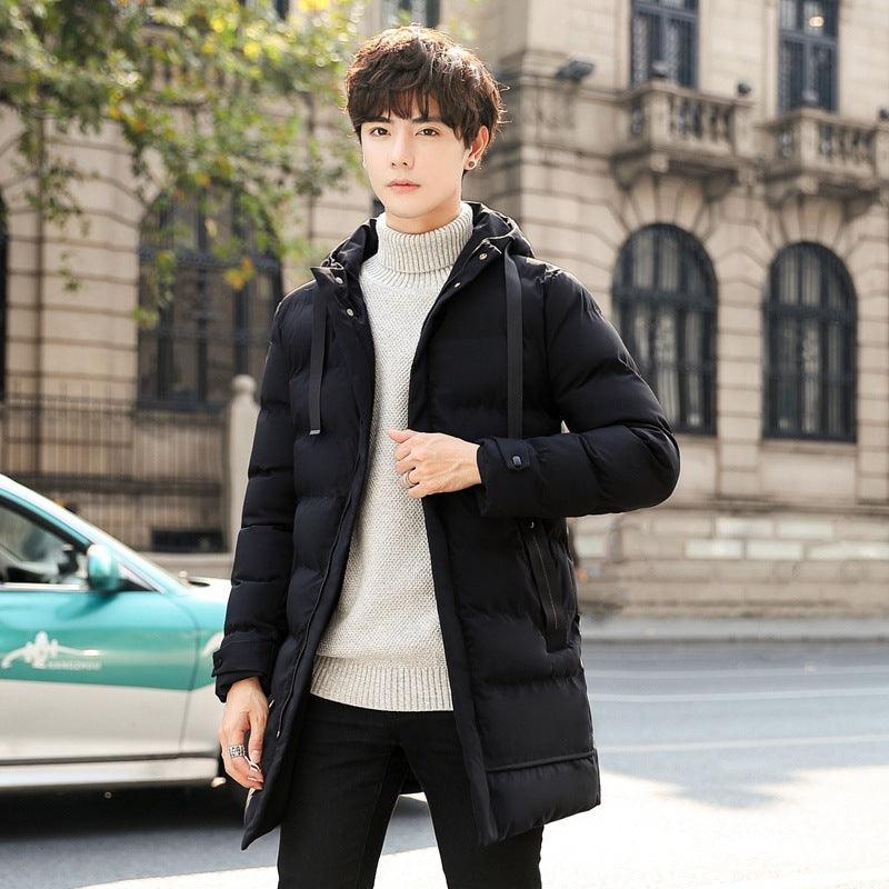 Men's cotton-padded hooded jacket, black, longline with front zip and side pockets