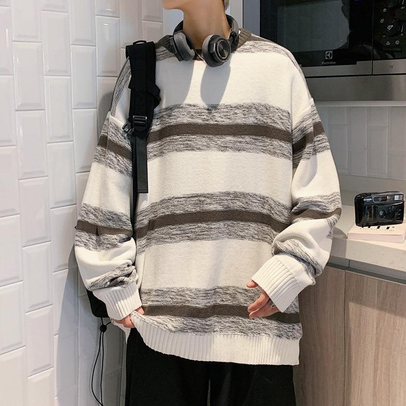 Men's striped sweater jacket, cream knit with charcoal grey horizontal stripes and cuffs