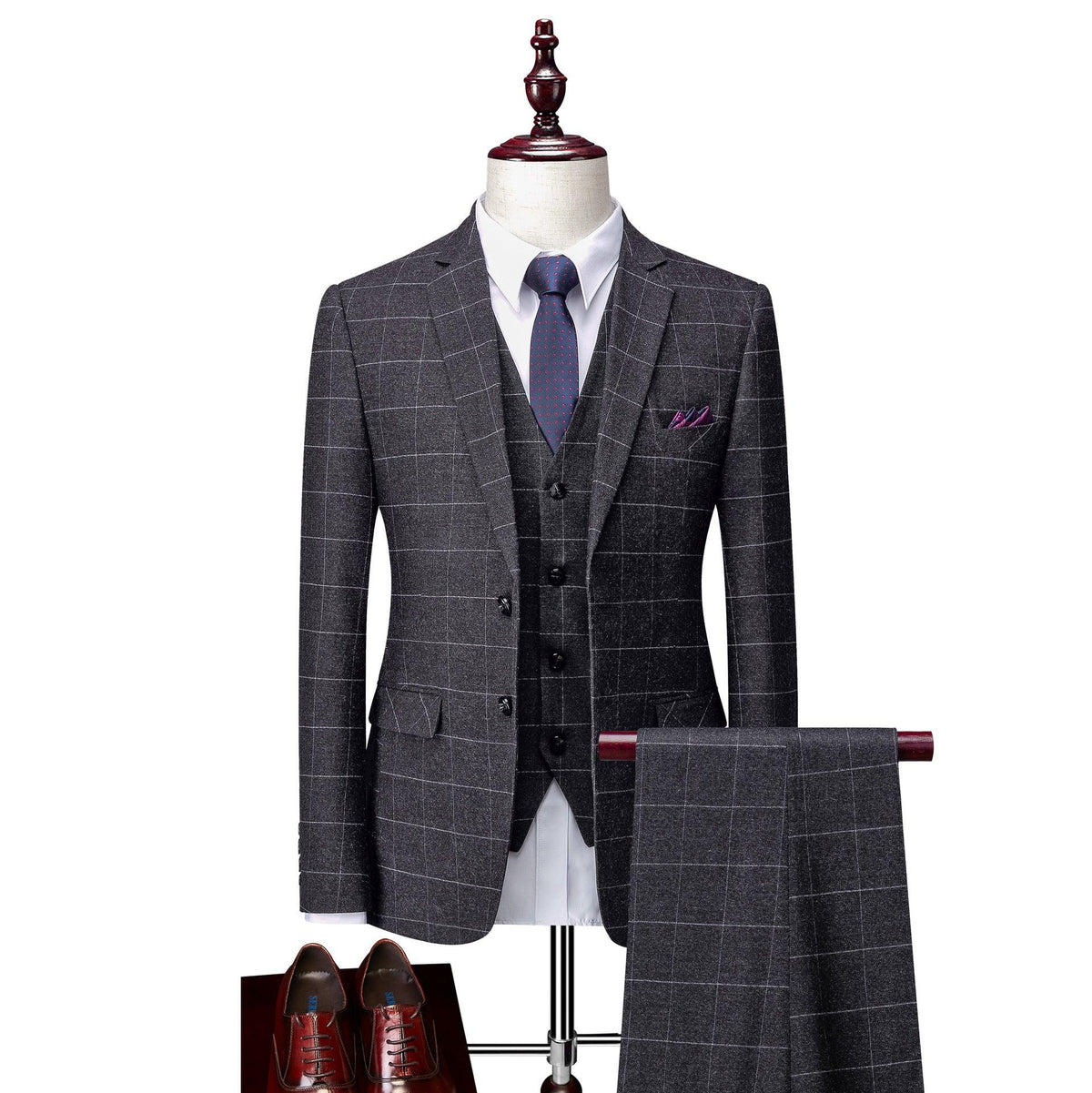 Men's slim fit dark grey plaid wedding suit jacket with matching vest and tie