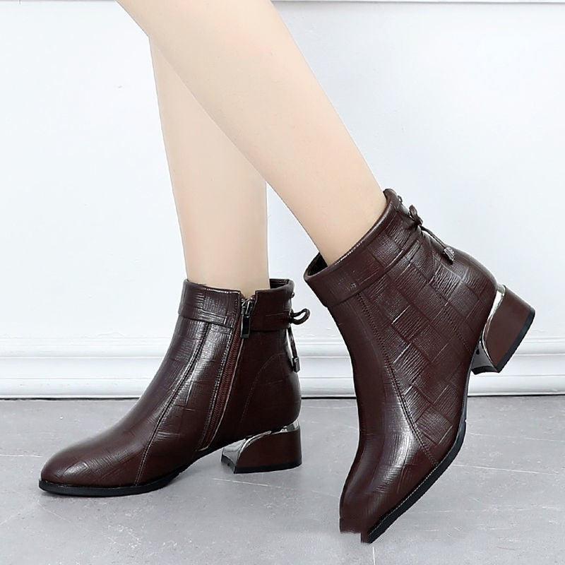 Thick-heel Mother's Leather Boots - WOMONA.COM