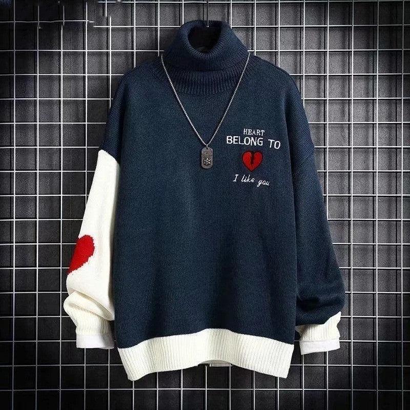 Dark blue turtleneck sweater with white cuffs and hem; heart graphic and “I like you” text.