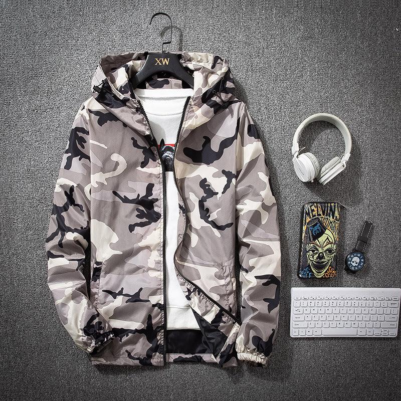 Men's camouflage hooded jacket with full zip front, light grey and black pattern.