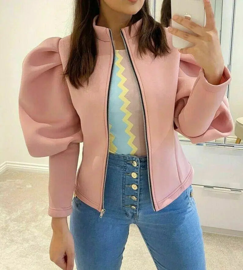 Light pink puff sleeve stand-collar jacket with front zipper and chevron trim