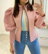 Puff Sleeve Zipper Stand Collar Casual Jacket - WOMONA.COM