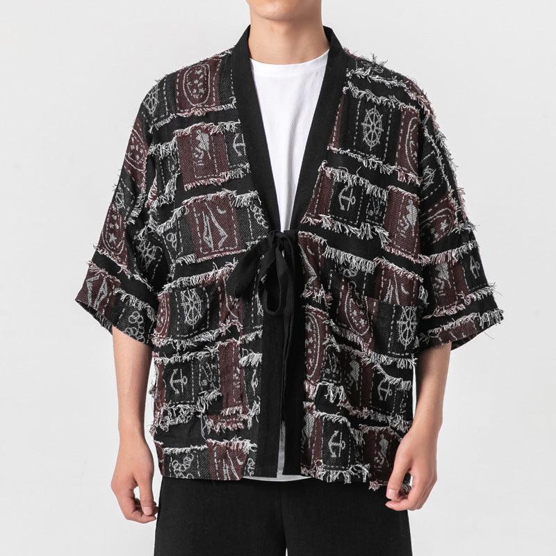 Men's knitted cardigan with open front, fringe edges, retro block pattern in brown and black