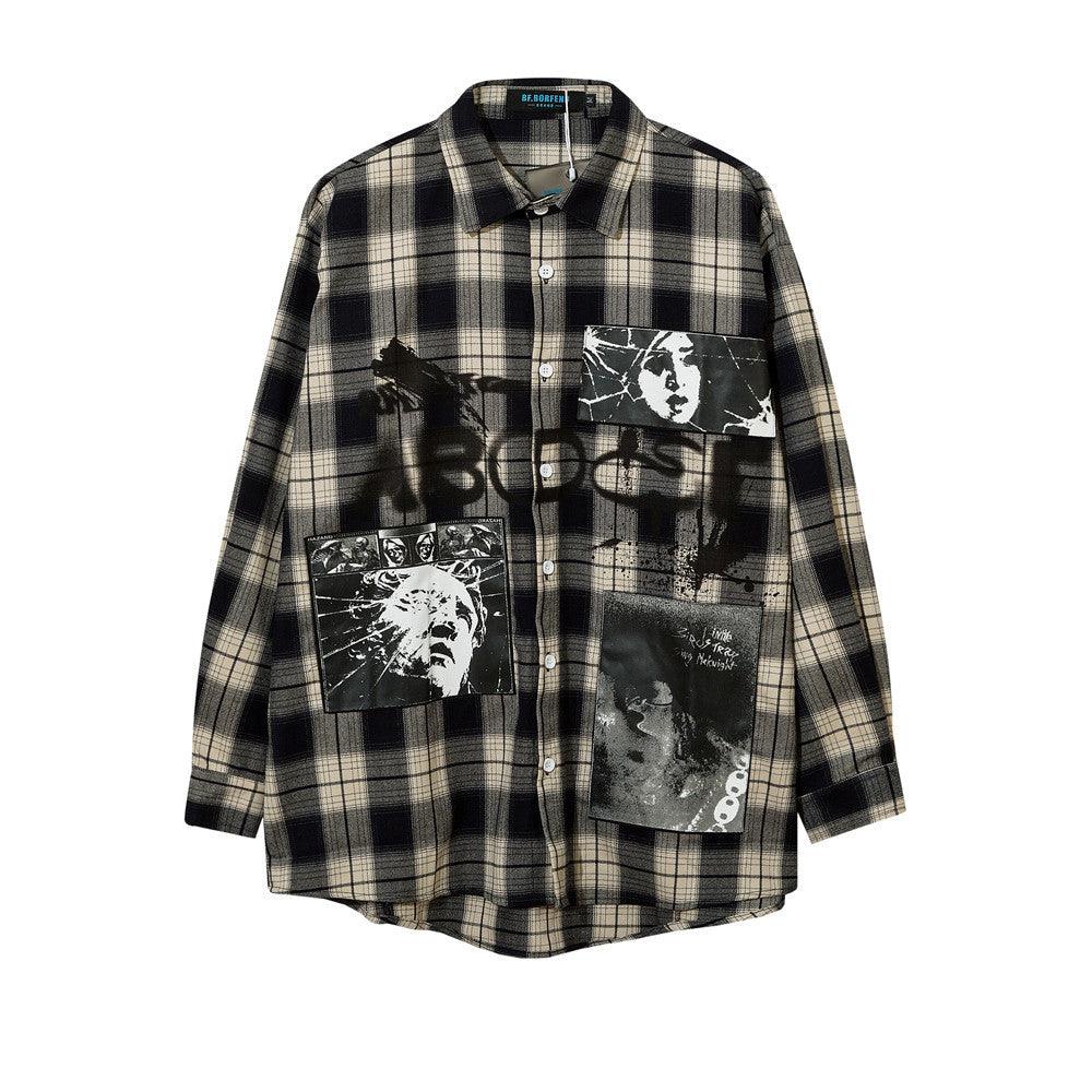 Men's plaid button-up shirt in dark and cream with character graphic patch panels