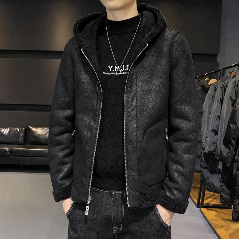 Black hooded fleece zip-up coat with front pockets and full zipper