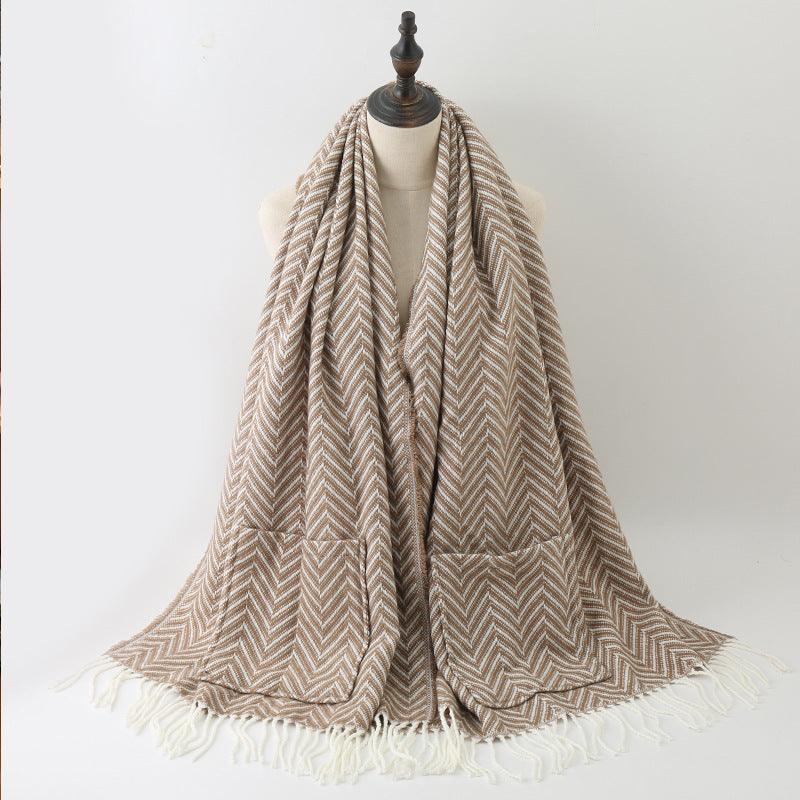Women's pocket shawl, beige chevron knit with front pocket and fringe trim