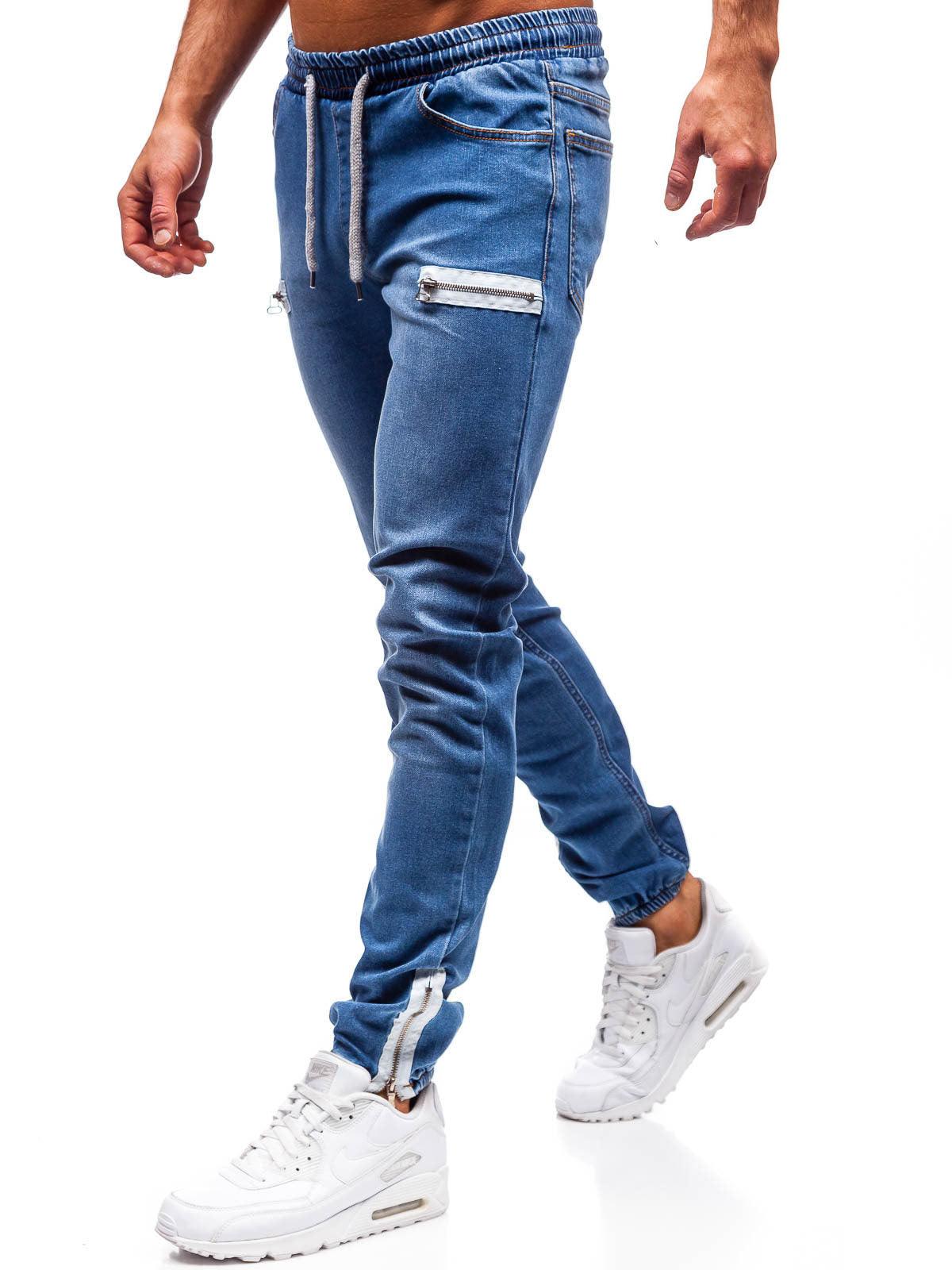Men's blue jogger jeans with drawstring waist and zip-pocket details