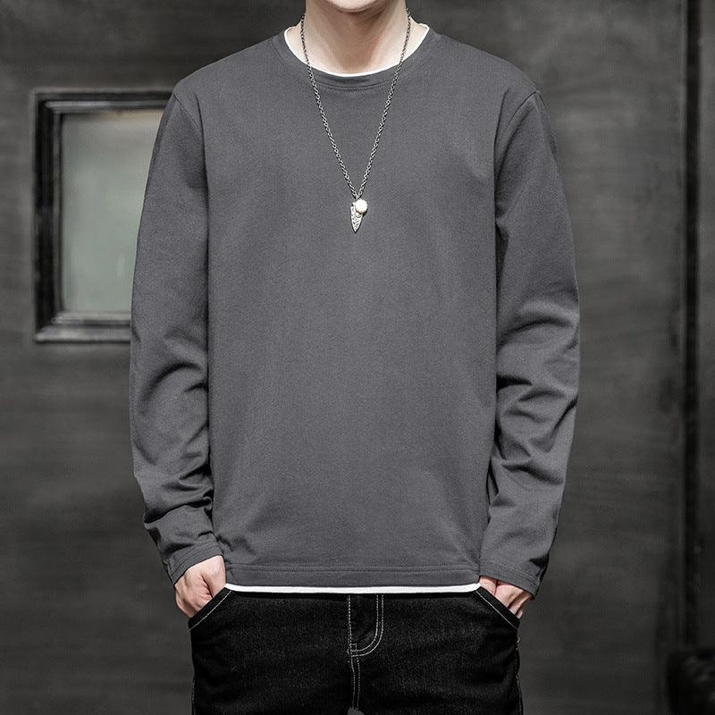 Grey long-sleeve crewneck T-shirt with ribbed neckline and cuffs.