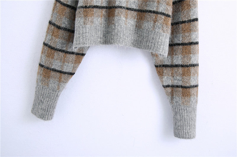 Wool Blend Check Pullover Sweater - WOMONA.COM