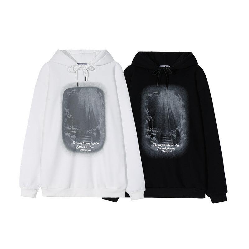 Loose pullover hoodie coat, white and black with front graphic print.
