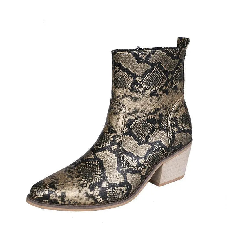 Beige snakeskin short ankle boot with block heel and side zipper, pull-on style.