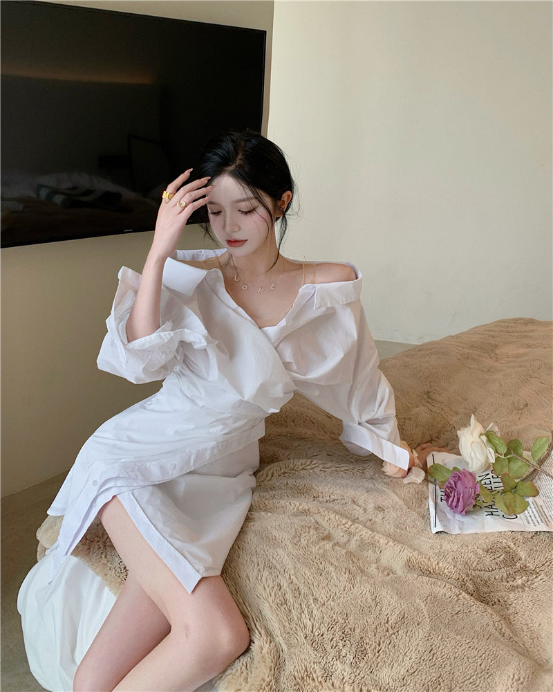 Long-sleeved Shirt Dress Stitching - WOMONA.COM