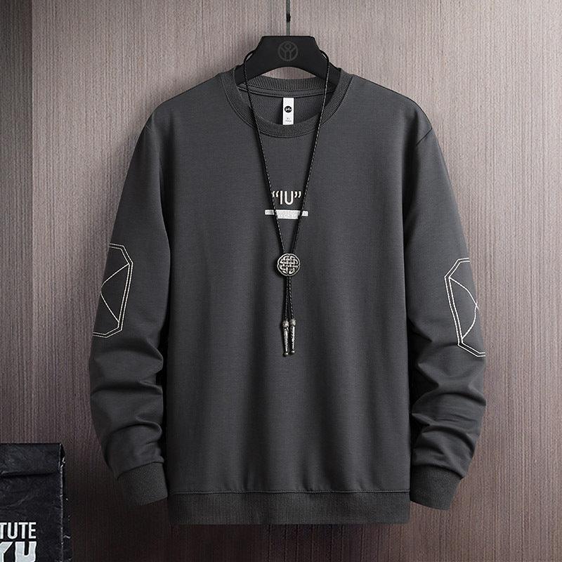 Charcoal crewneck cotton sweater with necklace graphic and outline geometric sleeve panels