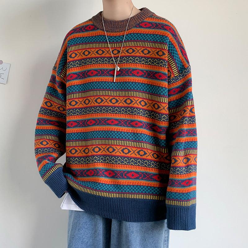 Colorblock striped sweater in navy with multicolor geometric bands, crew neck, ribbed cuffs