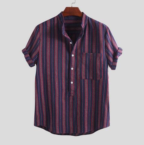 Men's striped Hawaiian shirt, short sleeves, button-front, chest pocket, purple-blue.