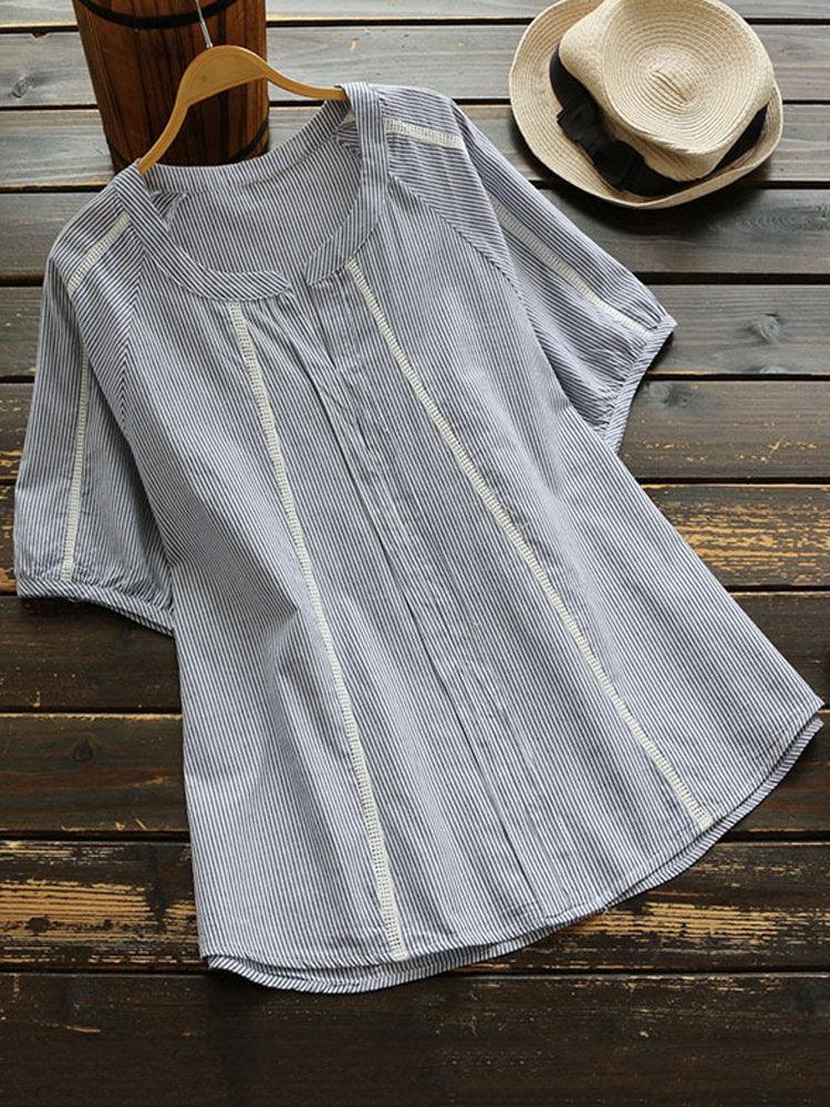 Casual Striped Patchwork V-Neck Shirt - WOMONA.COM