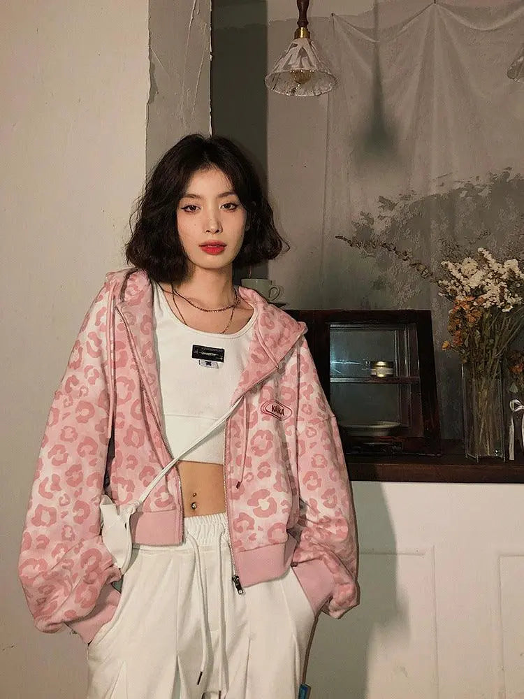 Pink hooded zip-front short cardigan with leopard print, cropped fit