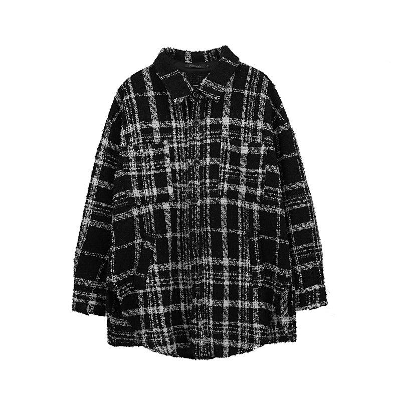 Black plaid padded wool shirt jacket, long sleeves, relaxed fit, button-front
