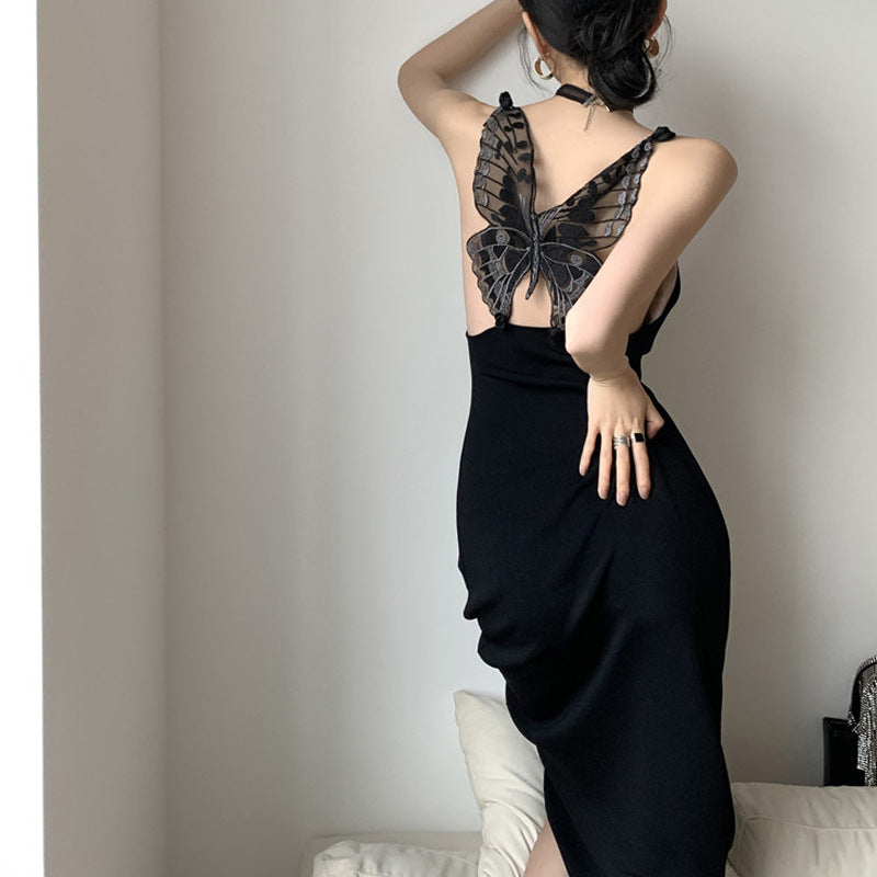 Embroidered Butterfly Black Sling Dress - WOMONA.COM