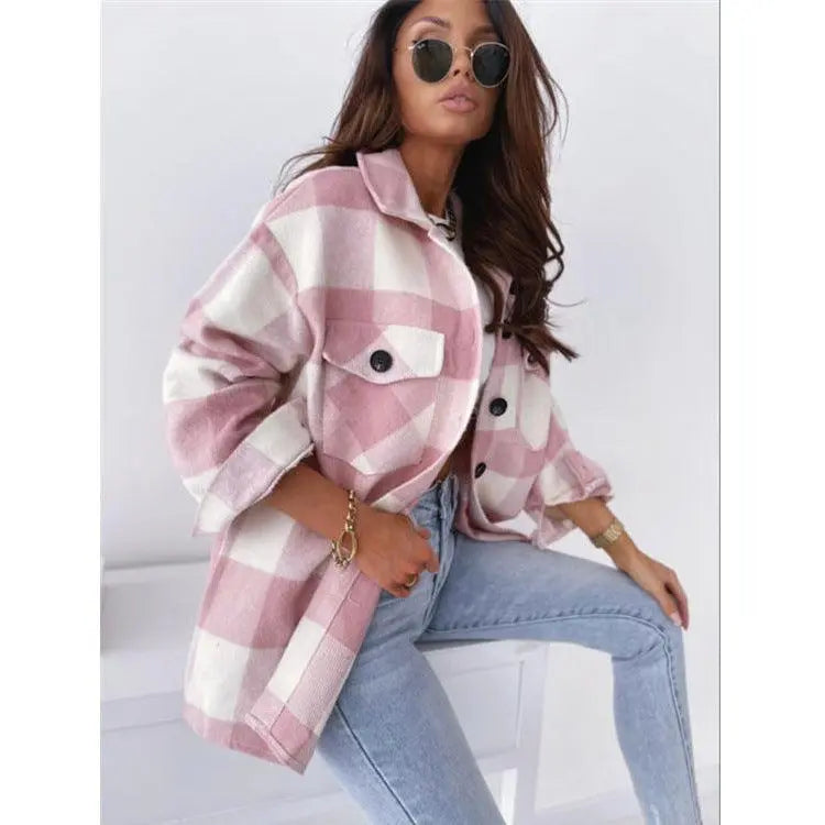 Pink plaid woolen long-sleeve jacket with button front and chest flap pockets