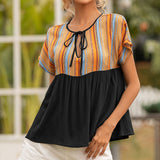 Ethnic Neckline Hollow Tie Short Sleeve Top Women - WOMONA.COM