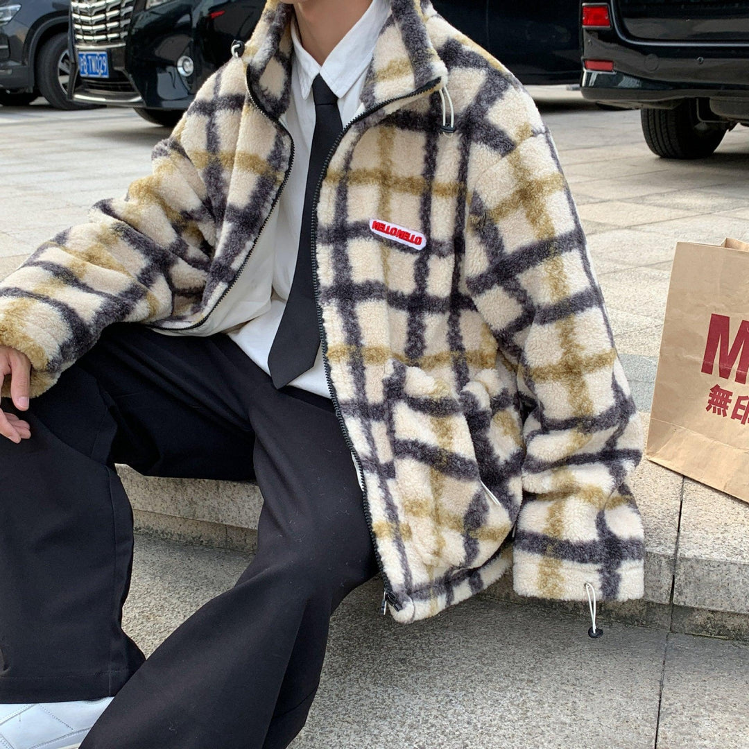 Men's fuzzy plaid zip-front jacket with raised collar and button cuffs
