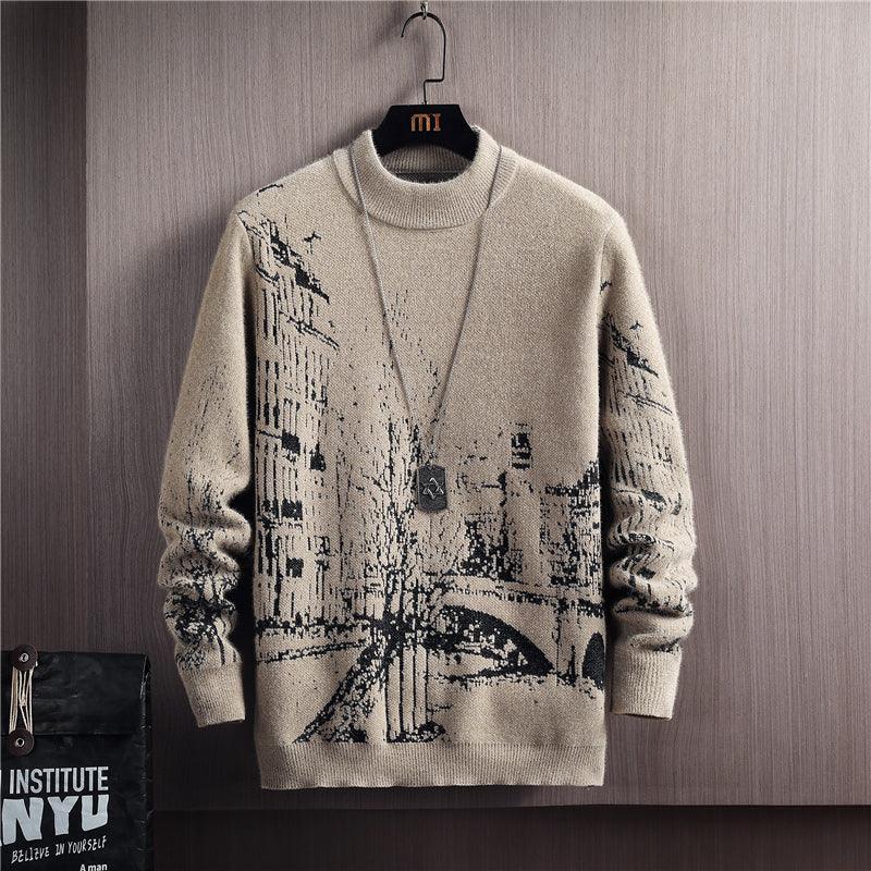 Thick pullover sweater in light beige with black abstract street-style graphic print