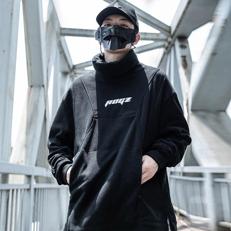 Men's black polar fleece turtleneck pullover with kangaroo pocket and PODZ chest logo