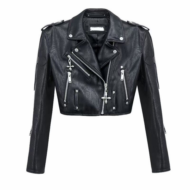 Studded Cross Faux Cropped Leather Jacket - WOMONA.COM