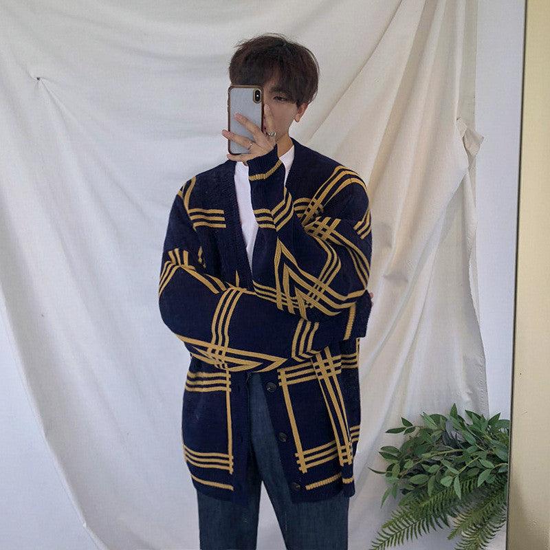 Navy knit cardigan with yellow plaid lines, button-front and ribbed collar