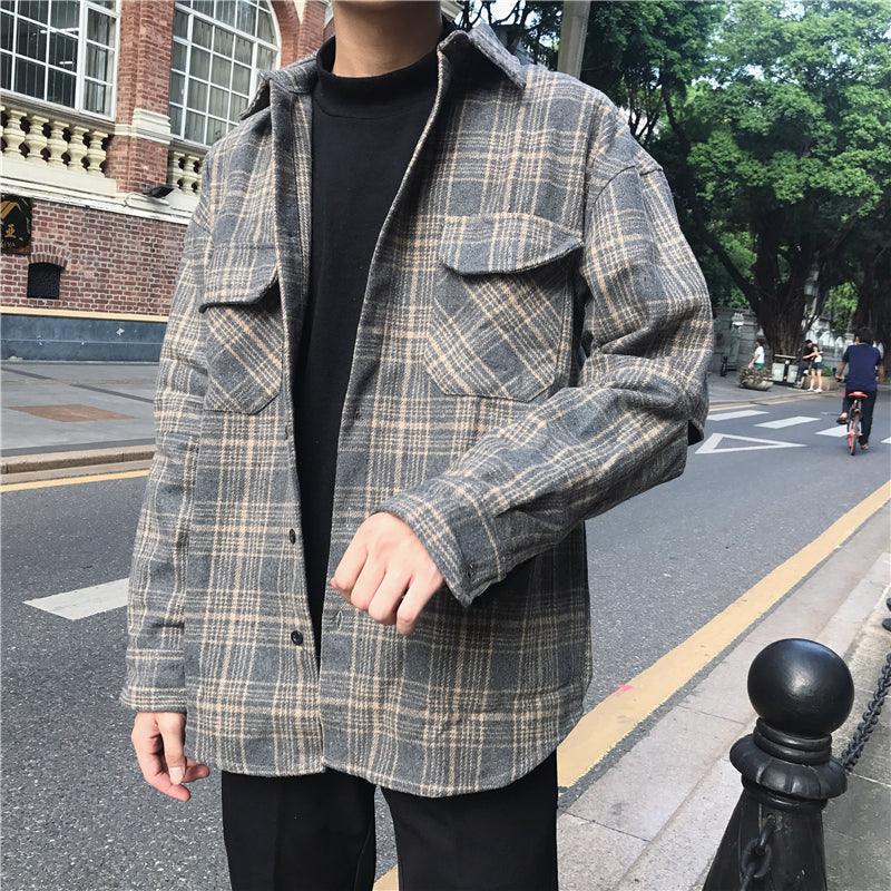 Men's plaid shirt jacket in khaki with black grid, button front and two chest pockets