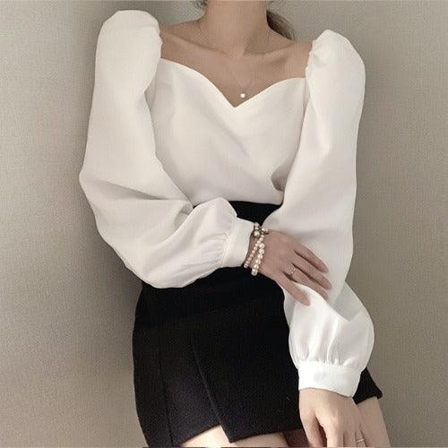Collar Lantern Sleeve Shirt - WOMONA.COM