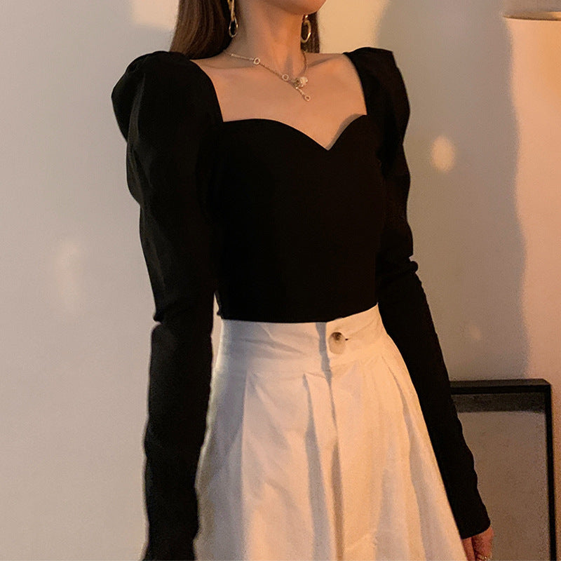 Puff Sleeve Square Neck Short Top Women - WOMONA.COM