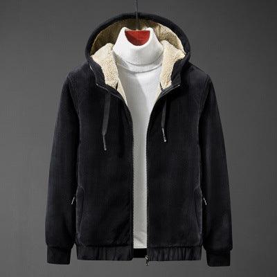 Black hooded full-zip sweater with sherpa lining, drawstring hem, zip pockets