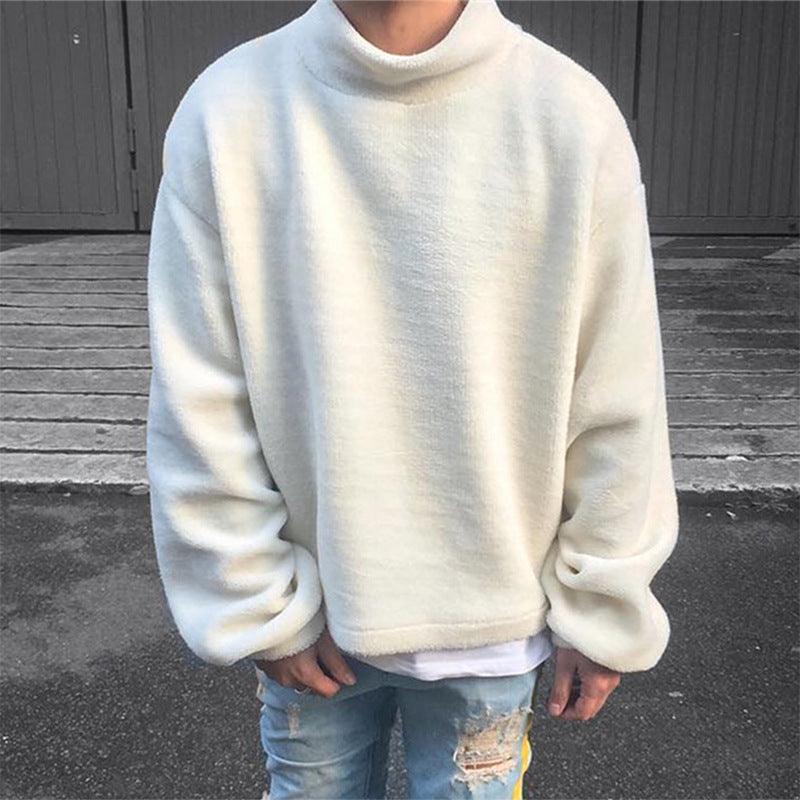 Plush crew-neck pullover jacket, light color, long sleeves, relaxed fit